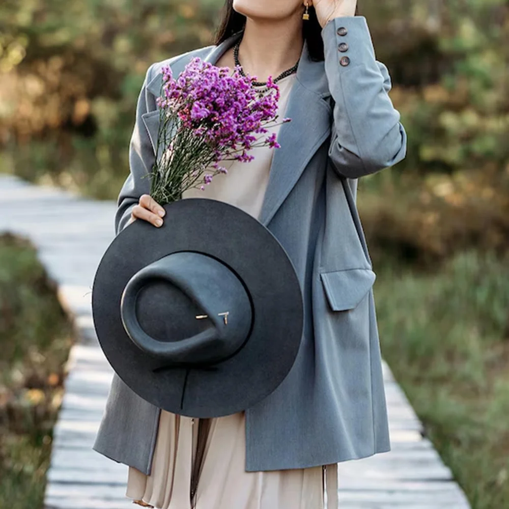 

Elegant women Wool fedora hat chain French style Handmade Wide Brim Felt Hat hard WOOL top hat flat soft hat simple sombrero