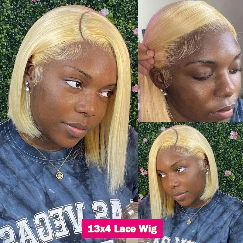 613 Straight Blonde Bob Wigs Human Hair Transparent 13x4  Lace Bob Blonde Lace Front Wigs Pre Plucked With Baby Hair 180%Denisty