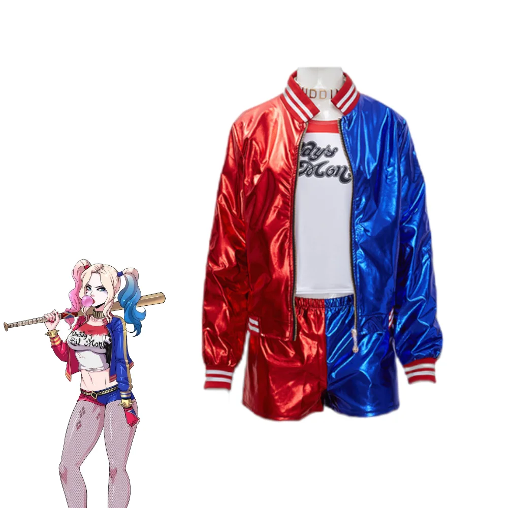 

Harley Quinn Cosplay Costume Suicide Squad Women's Red Blue Bomber Jacket Shorts Full Set Halloween Party Outfit