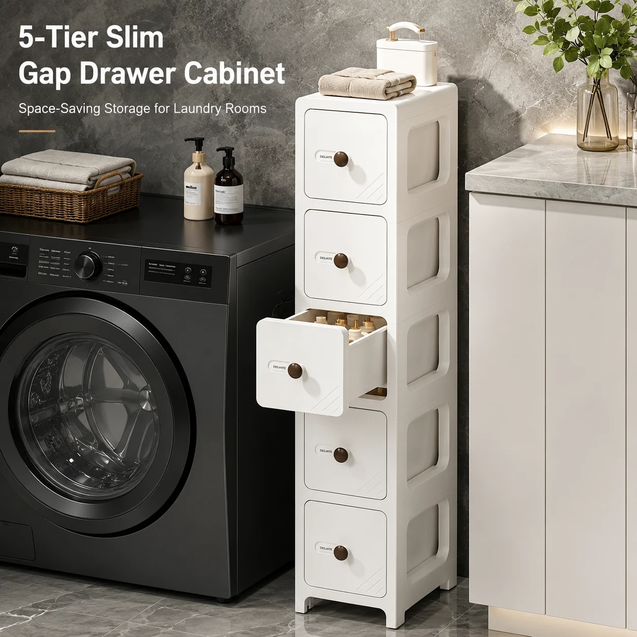 2/3/4/5-tier narrow bathroom rolling storage cabinet with flip-top striped transparent doors and lockable 360° swivel wheels, light green modular stackable slim vertical organizer tower, perfect for bathroom, beside the toilet, or small spaces next to the
