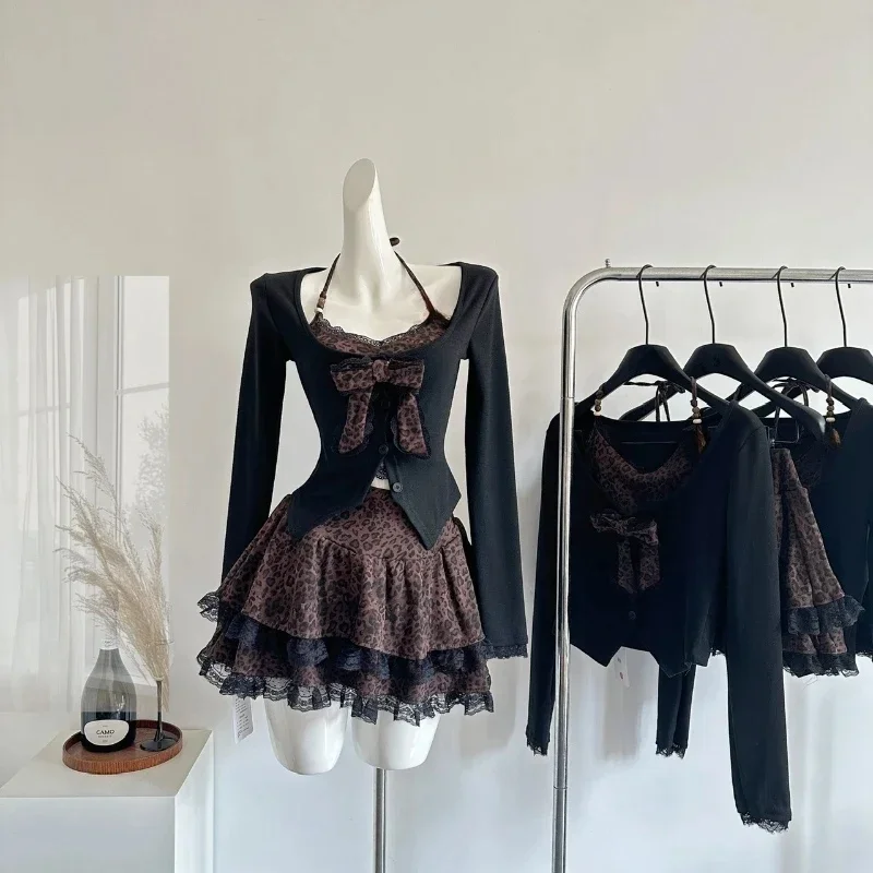 Retro Sexy Leopard Print 2 Piece Sets Woman Y2k Bow Fake Two Piece Tops + Lace Cake Skirt Female Korea Style Chic Outfits Autumn — zdjęcie 2