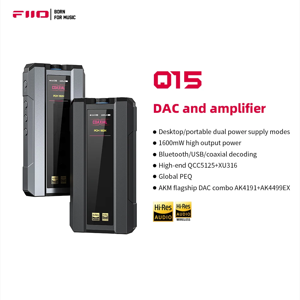 

FiiO Q15 Bluetooth 5.1 HIFI Headphone Amplifier Player MQA Decoder USB DAC 3.5m4.4mm PCM768 DSD512, Coax/USB