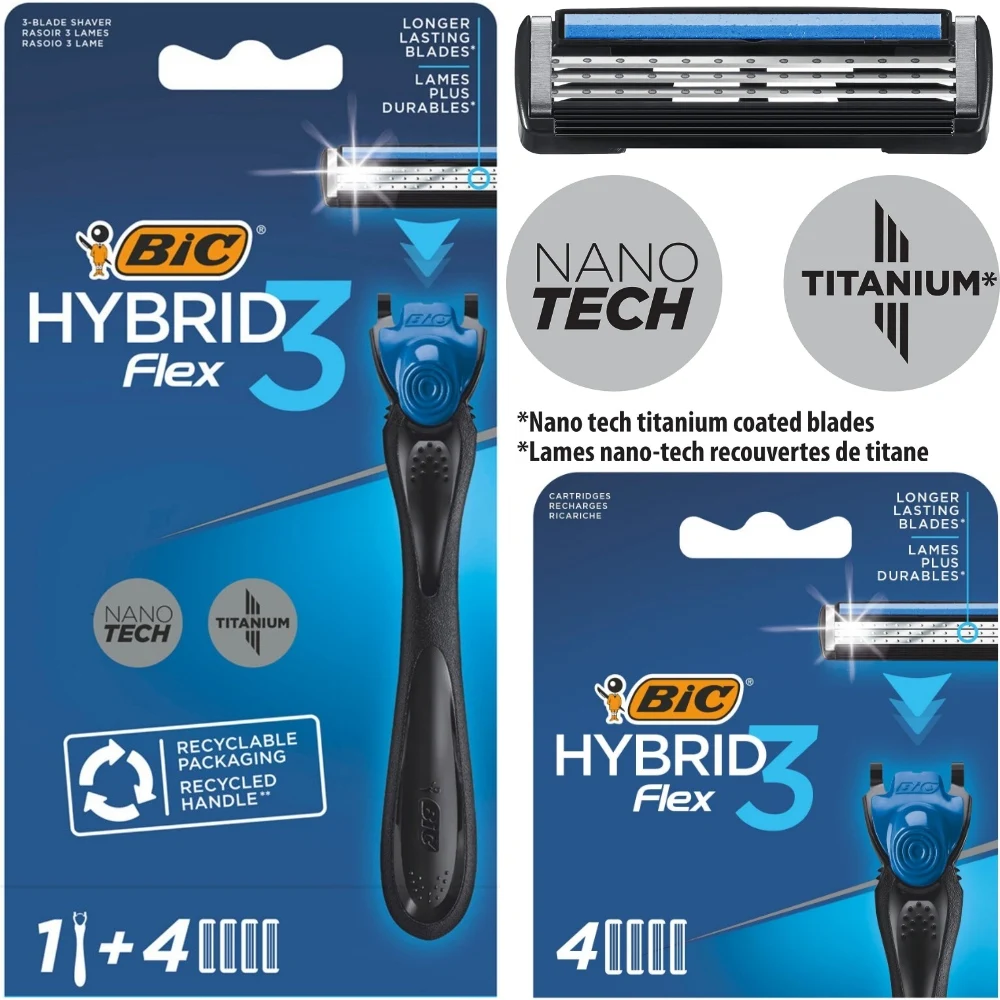 

BIC Flex 3 Hybrid Disposable Men's Razor, 3-Blade, 1 Handle and 4+4 Cartridges, For an Ultra-Close Shave