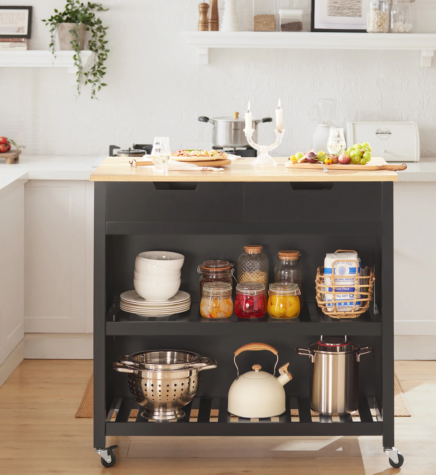 SoBuy FKW74-SCH credenza con isola cucina carrello da cucina armadio da cucina con 2 cassetti e ripiani Nero-naturale BHT ca. 98x94x58 cm