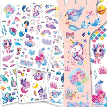 12 Sheets Glitter Unicorn Mermaid Temporary Tattoo Stickers Cartoon Rainbow Horse Tattoos…