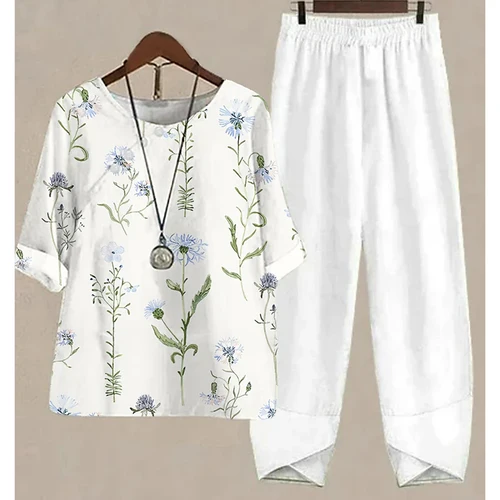 Imagen 2 del producto Traje Vintage elegante para mujer, conjunto de dos piezas blanco con estampado de mariposa, trajes sueltos informales para mujer, camisa de manga corta con cuello redondo y pantalones