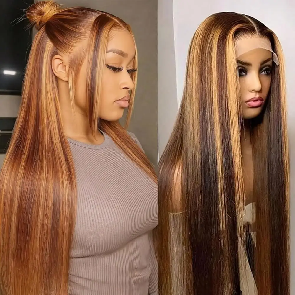 Parrucche in capelli umani lisci lunghi 18-34 pollici con meches P4/27 13x4 13x6 HD trasparenti con frontale in pizzo completo per donna