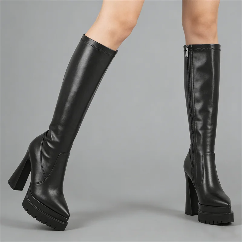 Onlymaker Women Pointed Toe Platform Knee High Zipper Boots Black Zip Anti Slip Thick Block Heel Wide Calf Party Boots