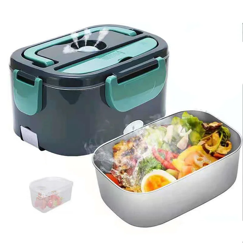 Boîte à lunch électrique 2-en-1 60W, récipient alimentaire en acier inoxydable 1,5L, 12V/24V/110V/220V, pour les voyages en voiture, le bureau et la maison