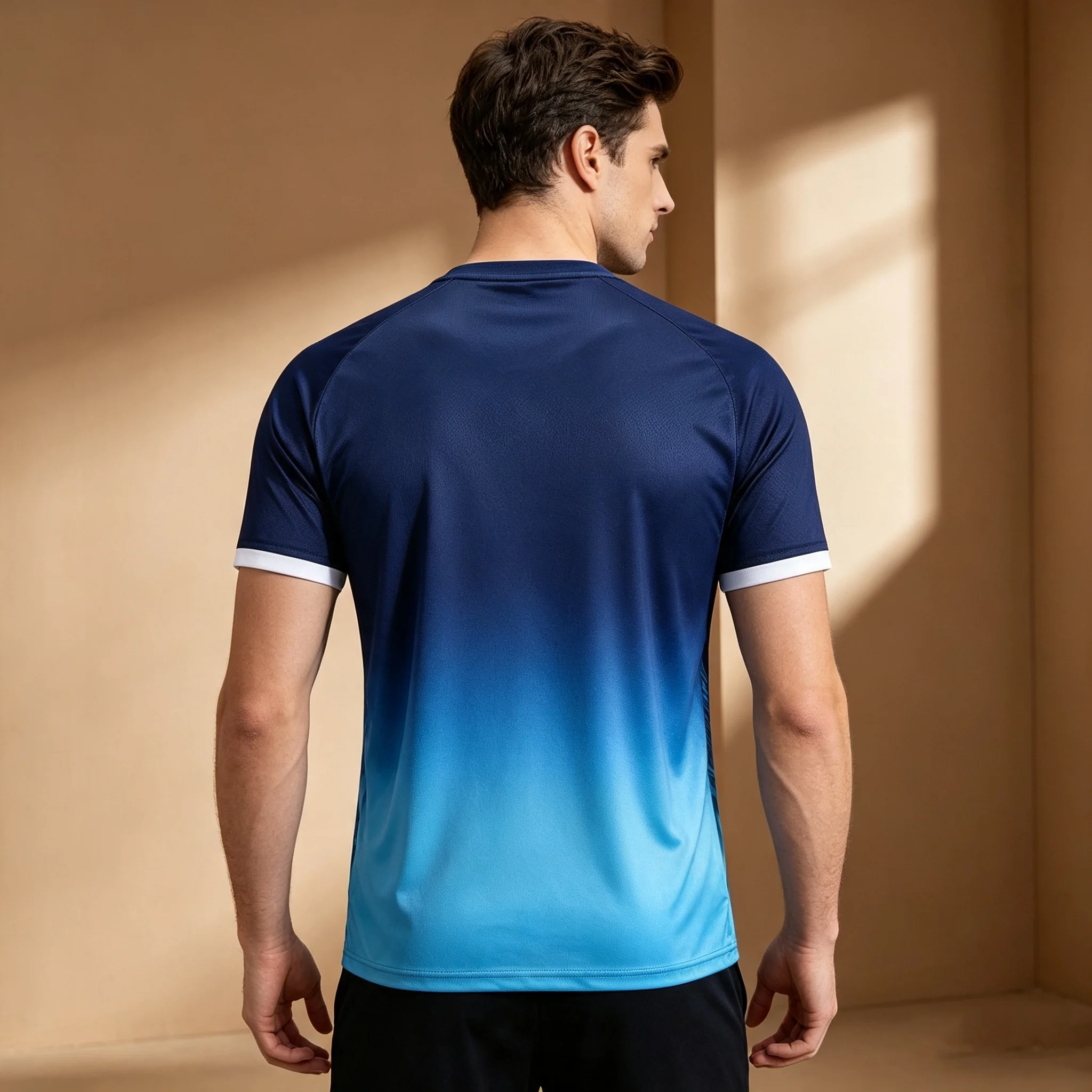 Summer Men's Breathable Mesh Sport Jersey Dark Blue Light Blue Chevron Print Raglan Sleeve Fitness Training Top