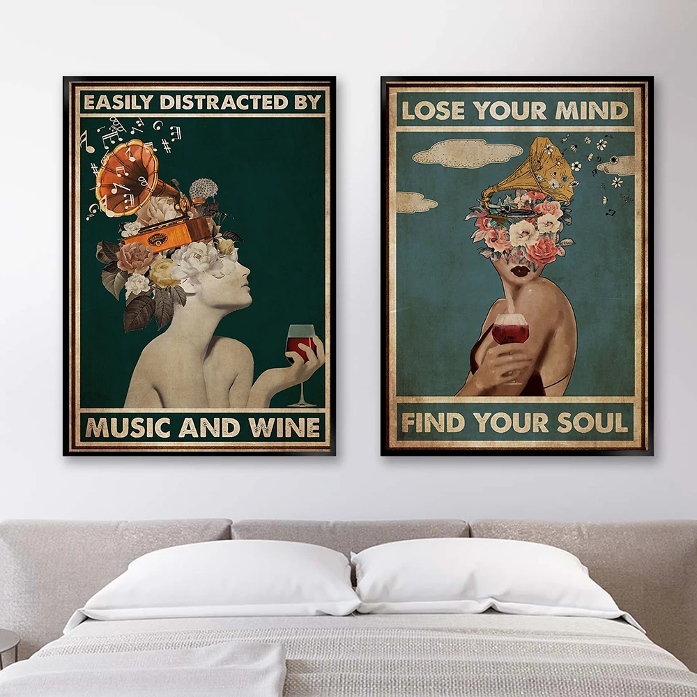 Easily Distracted By Music And Wine Poster Lose Your Mind Find Your Soul Prints Abstract Girl Canvas Painting Vintage Room Decor