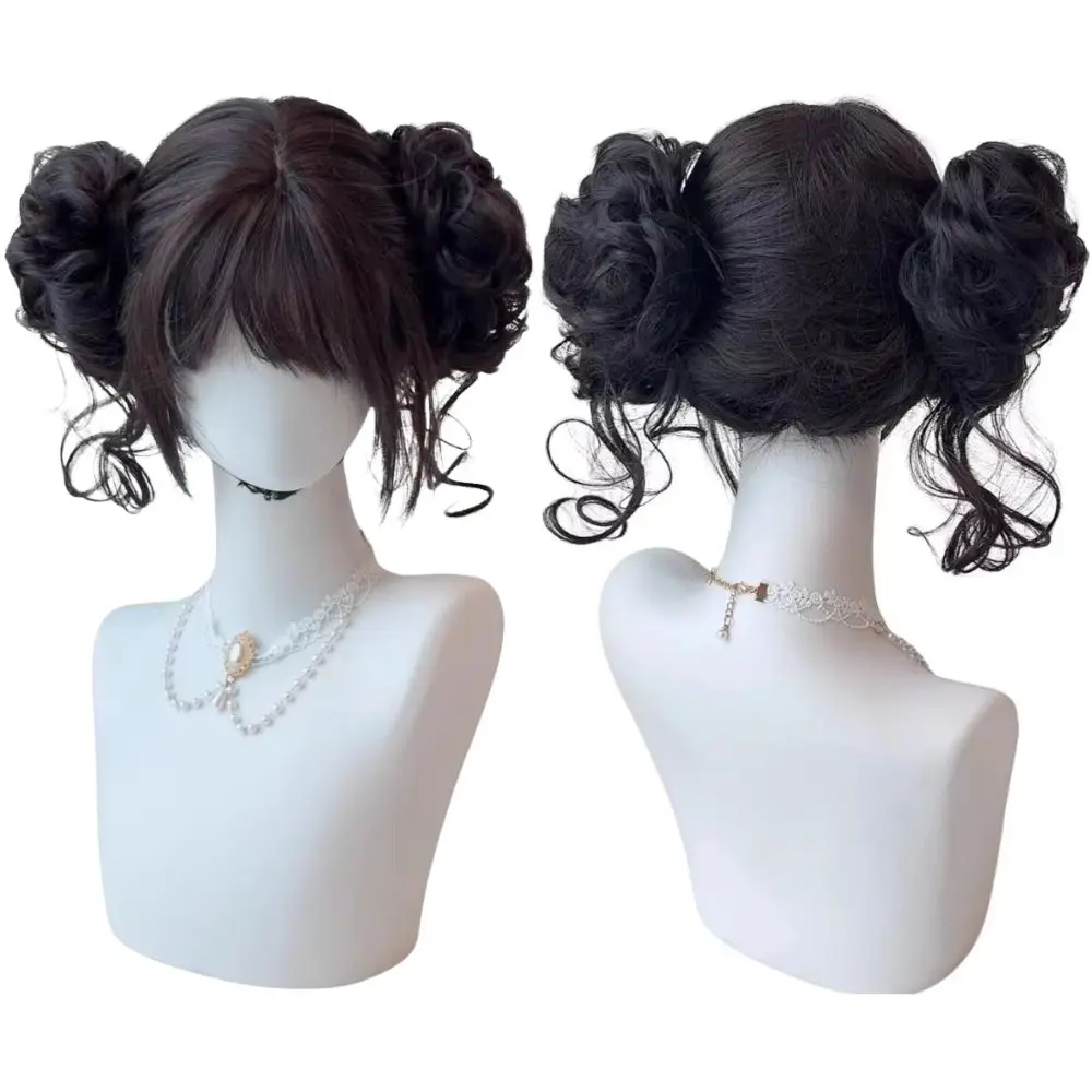 Cute Double Buns Wig Cosplay Wig for Women Girls Group Idol Roleplay Short Black Wigs Fantasia Halloween Costume Accessories