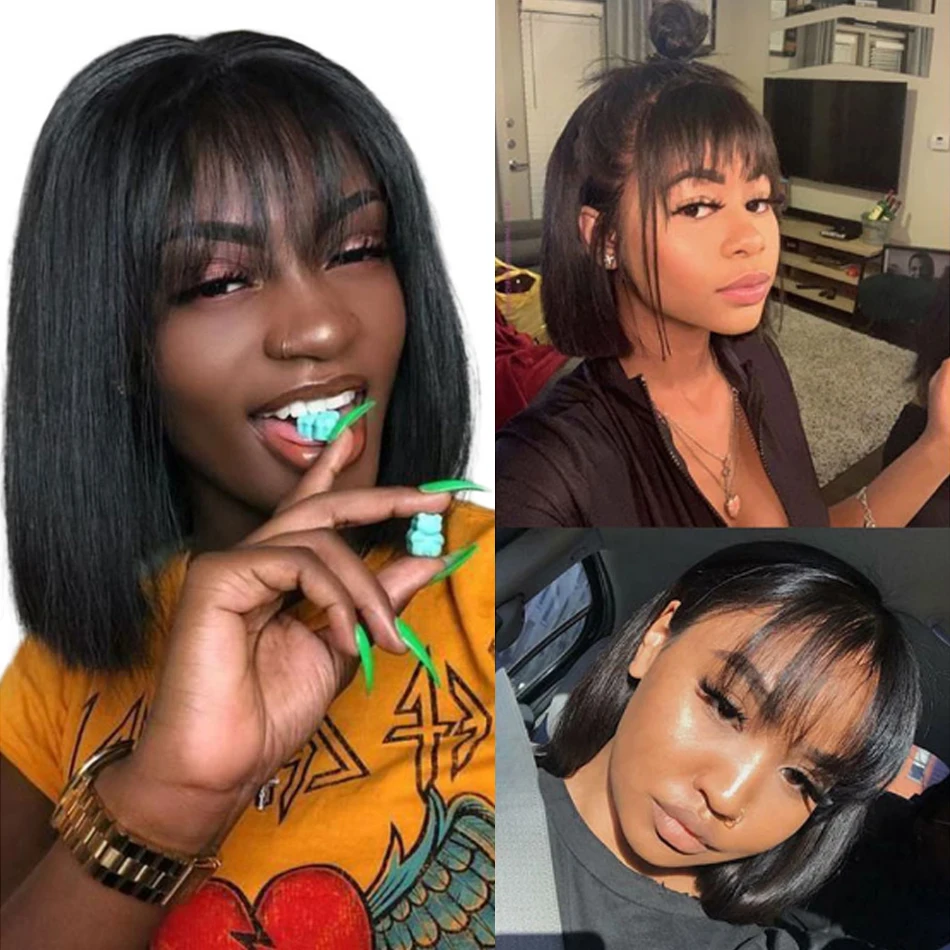 

Short Bob Human Hair Wig With Bangs Fringe Cheap Full Machine Made Glueless For Black Women Straight Virgin Brazilian Pixie Cut