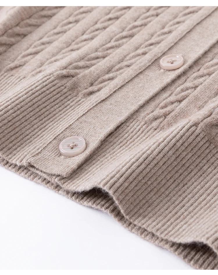 MZ62011 Damen Elegante V-Ausschnitt Zopfmuster Langarm-Strickjacke mit Knöpfen, Locker Geschnitten, Einfarbig, Modal-Mischung, Frühherbst-Pullover – Detail 10