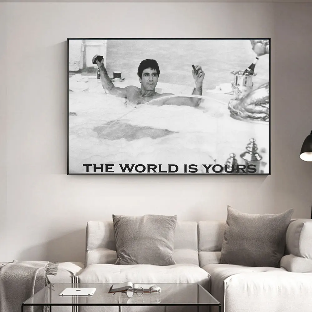 The World Is Yours Motivational Quote Scarface Movie Poster Prints Canvas Wall Art Man Bath Tub Painting for Bathroom Home Decor
