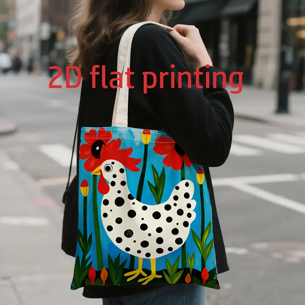 1 Piece of Brightly Colored Spotted Rooster Floral Canvas Shoulder Bag, Lightweight Foldable Tote Bag with Fixed Shoulder Strap, Reusable Shopping Bag, Perfect Gift for Commuting, Travel, Shopping, School, and Holidays
