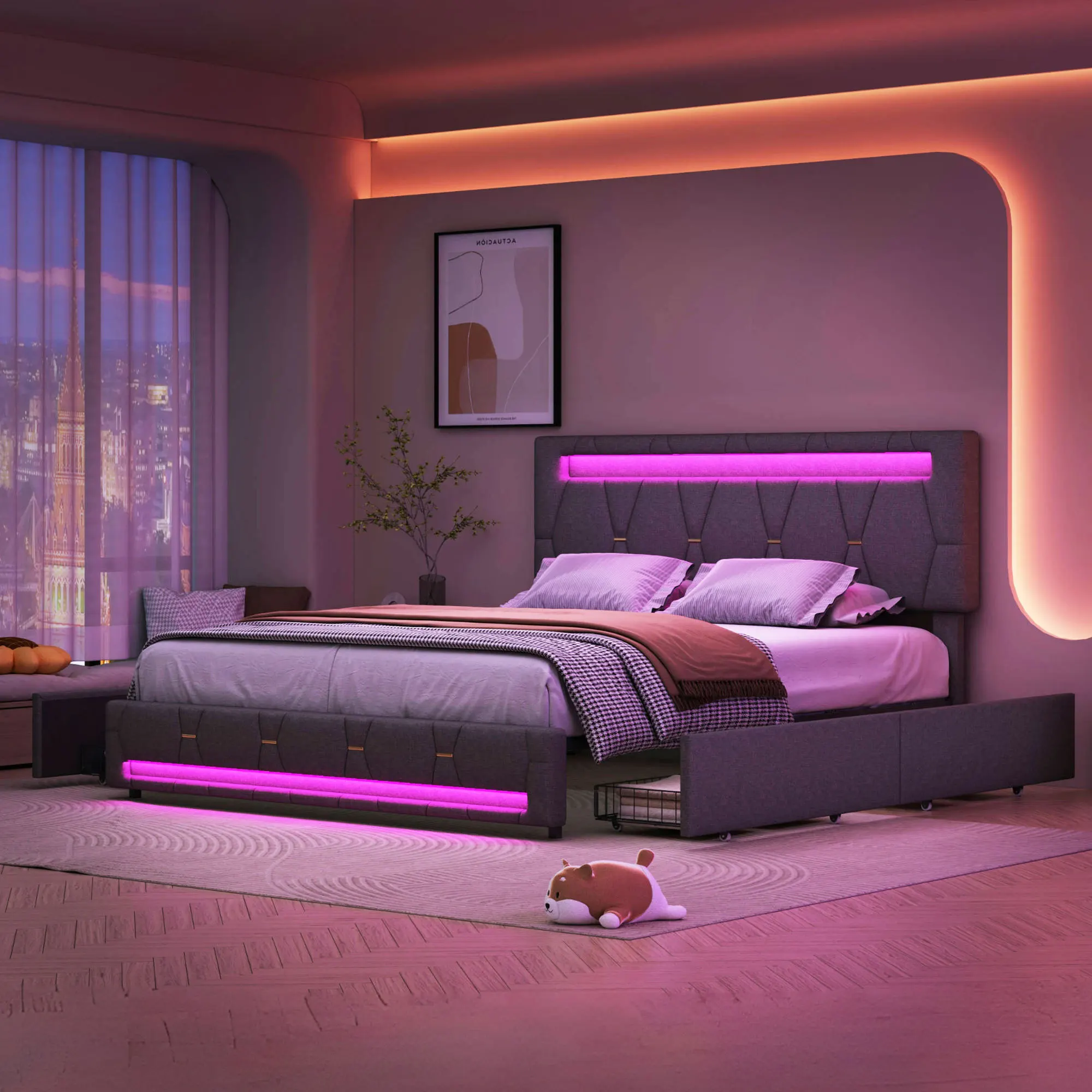 Bett mit Stauraum, 160 x 200/140 x 200 cm, gepolstert, Doppelbett, mit LED-Beleuchtung, Schubladen und Lattenrost (grau)