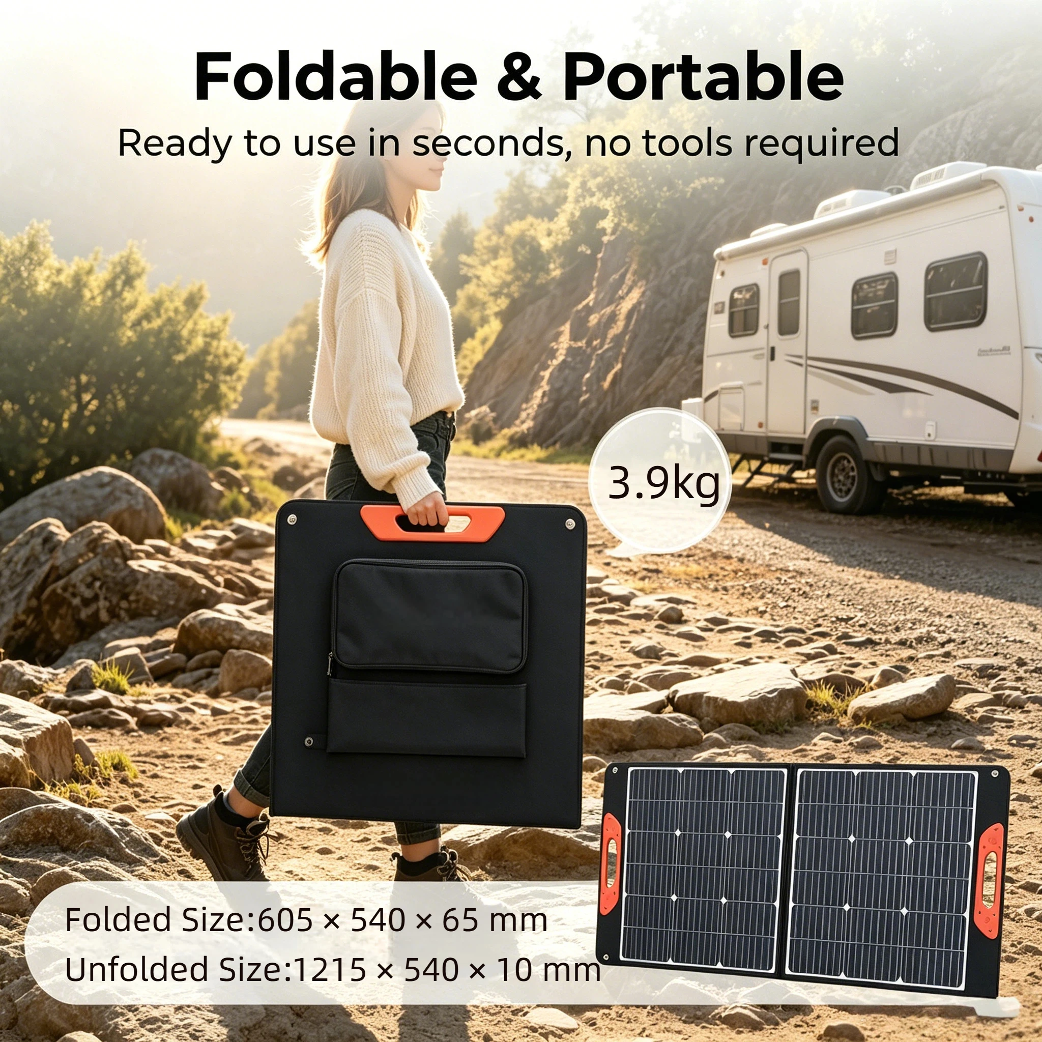 Image of Hocheffizientes 100W faltbares Solarpanel mit ETFE-Schicht, 18V tragbares Solarladegerät, wasserdicht für Mobiltelefone, Powerbanks, Outdoor, Camping, Wohnmobile, Vans