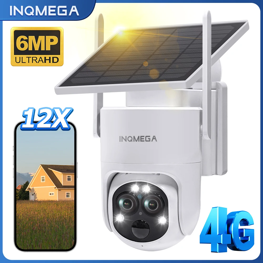 

INQMEGA 4G LTE Солнечная камера безопасности Беспроводная уличная Wi-Fi на солнечной энергии 360° ° Камера наблюдения PTZ с двойным объективом и 12-кратным зумом