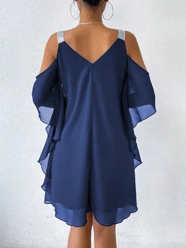Imagen 2 del producto Vestido de lentejuelas con mangas abullonadas y cuello en V para mujer, vestido de fiesta de moda, ropa informal para vida y reunión, noche elegante