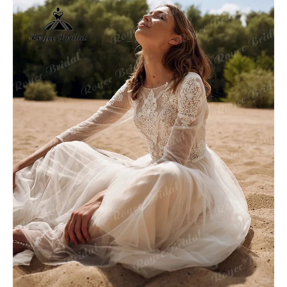 Abito da sposa bohémien Boho in pizzo rustico a maniche lunghe per le donne 2024 Outdoor personalizza abito da sposa vestidos de novia Roycebridal