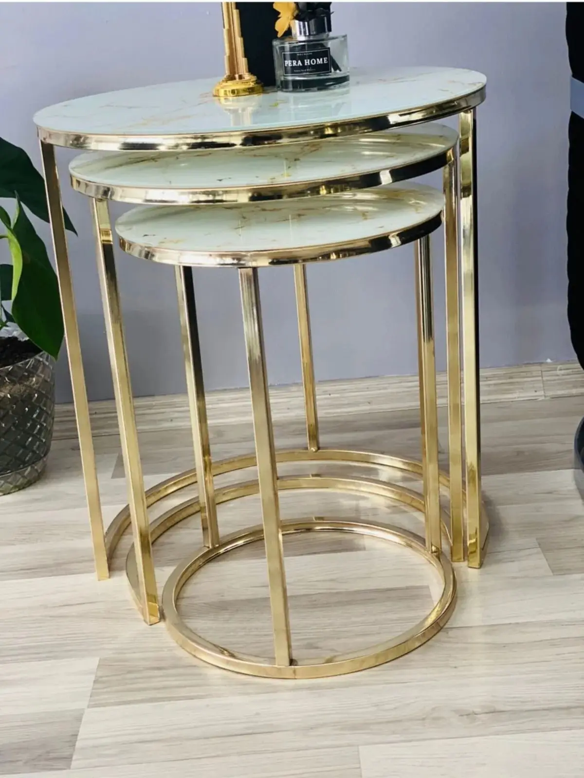 Decorative Set of 3 Nesting Table Set Gold Marble Unbreakable Tempered Glass Nordic Luxury Coffee Table Set 3Pcs Living Room