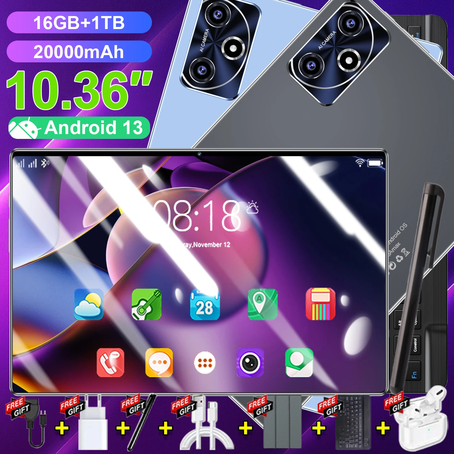 Tablet PC 5G Android 13 con Google Play, Pantalla de 10.36 Pulgadas, Cámaras Dobles, Doble SIM, 14 Núcleos, Bluetooth, Wifi, 16 GB + 1 TB