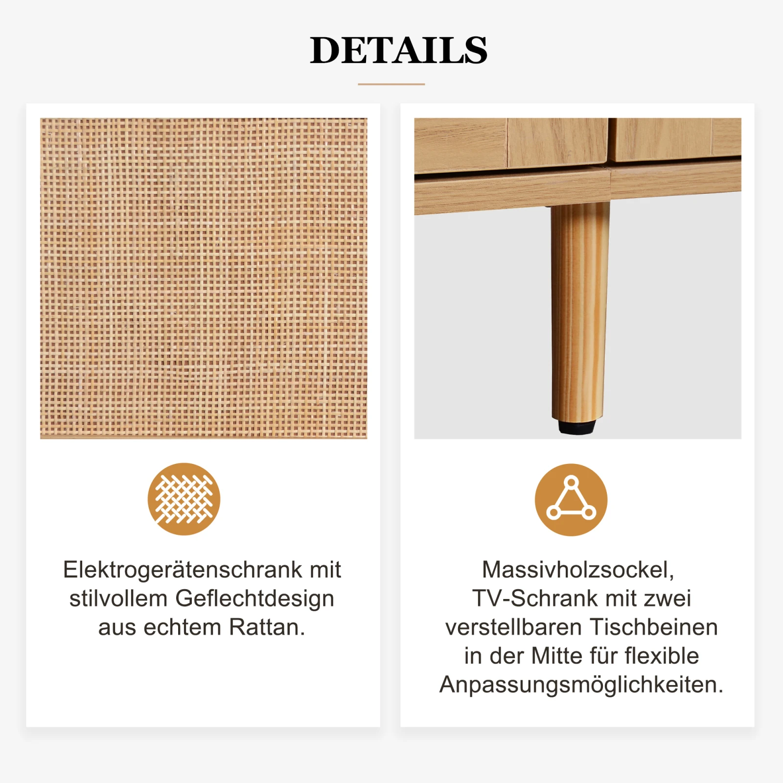 TV-Konsolen tisch, 200*37*49cm, TV-Schrank mit echtem Rattan-Design, TV-Schrank mit Massivholz füßen, geflochtene Rattan-TV-Boards