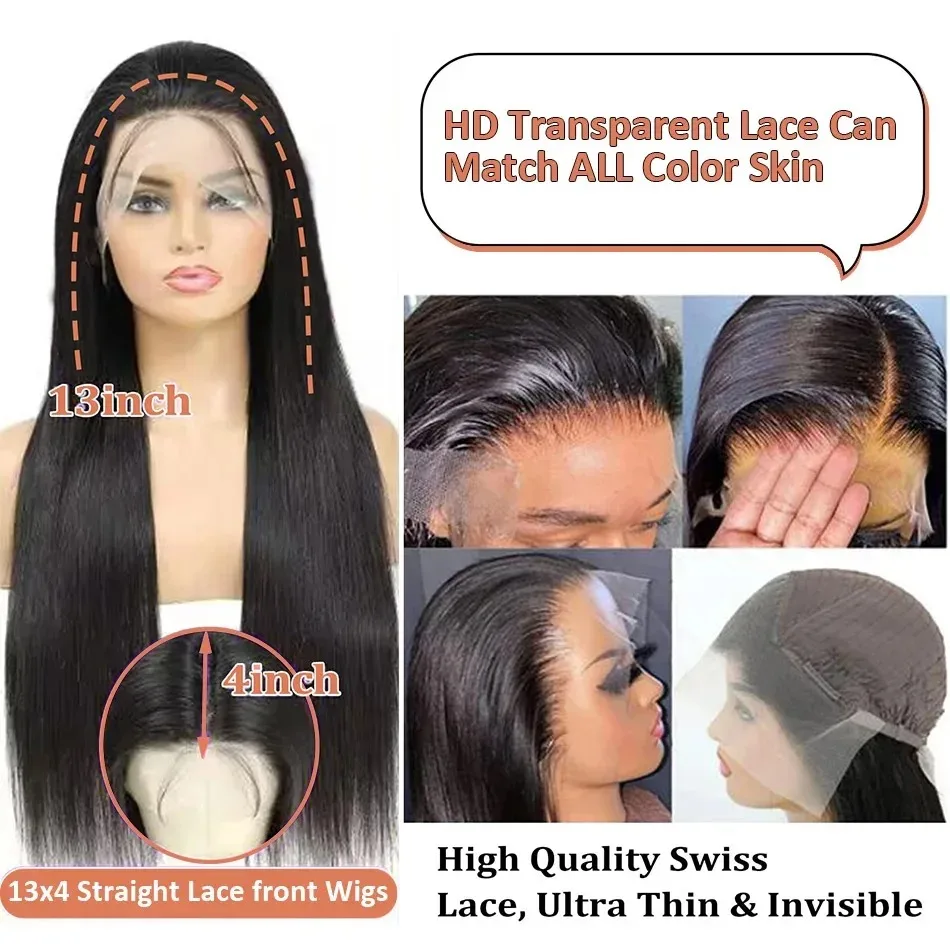 Osso em linha reta perucas de cabelo humano 30 34 Polegada 13x6 hd peruca dianteira do laço transparente brasileiro 13x4 perucas frontais para mulher 200 densidade