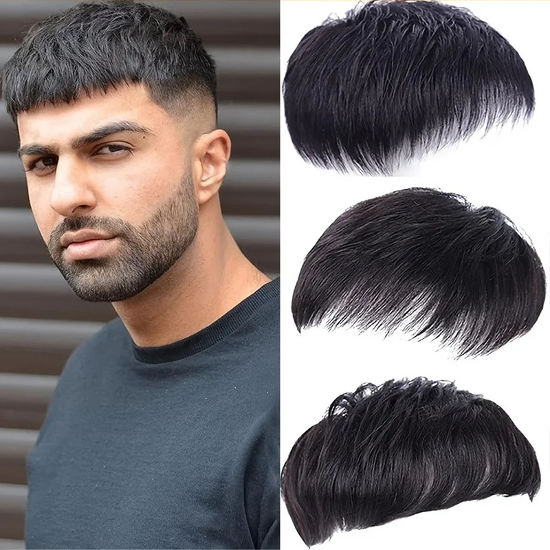 Alimice Refined Natural Black Mens Hair Topper Wig-4inch Short Human Hair Toupee with Secure Clips for Daily Use 16x18cm