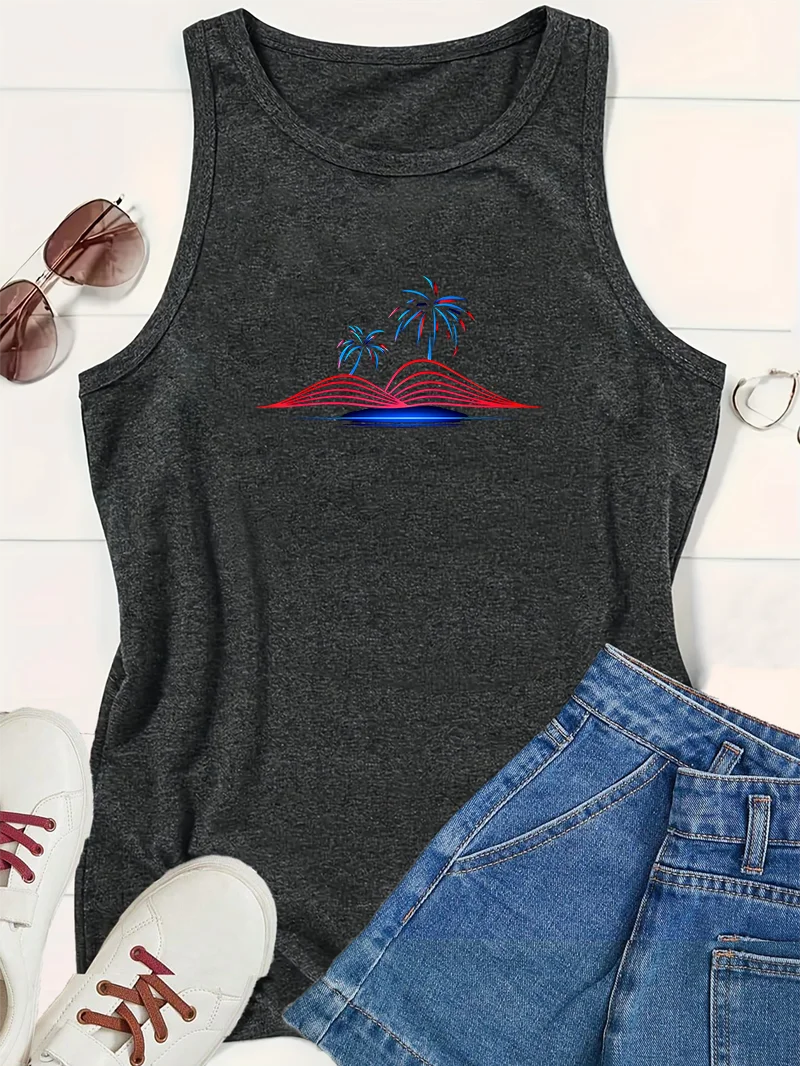 Coconut Tree Night View Beach Fireworks Fashion Sports Women's Tank Top Loose O Neck Sleeveless Casual Tank Top For Clothing