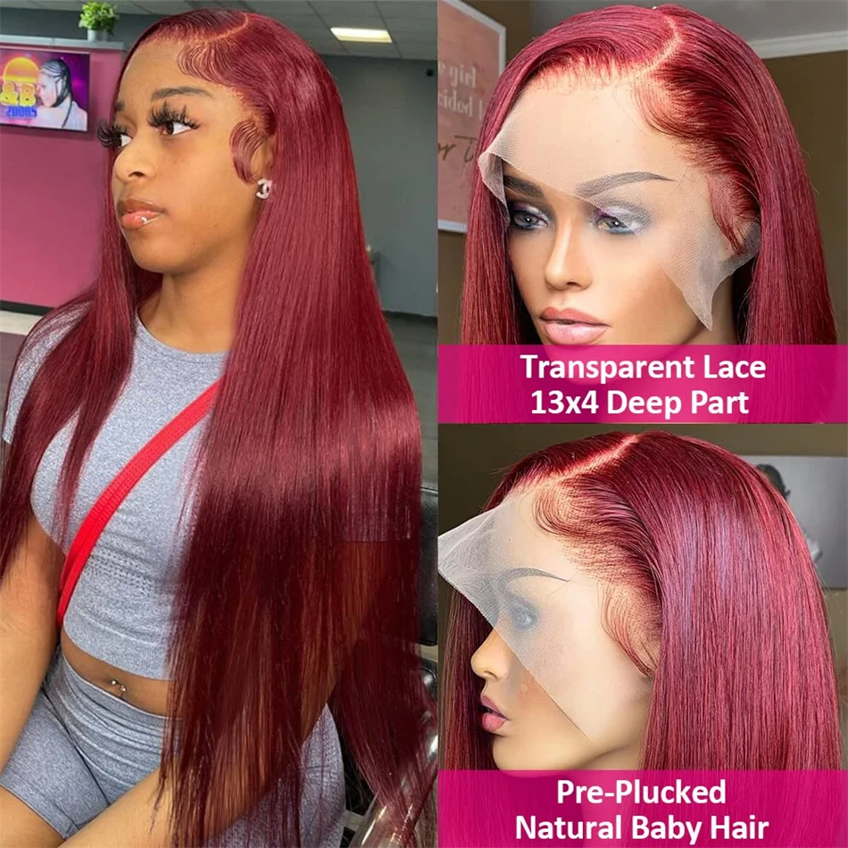 30 32 Inch 99j Burgundy HD 13x4 Bone Straight Lace Frontal Wig Human Hair Wine Red Lace Front Wig Colored Human Hair Closure Wig