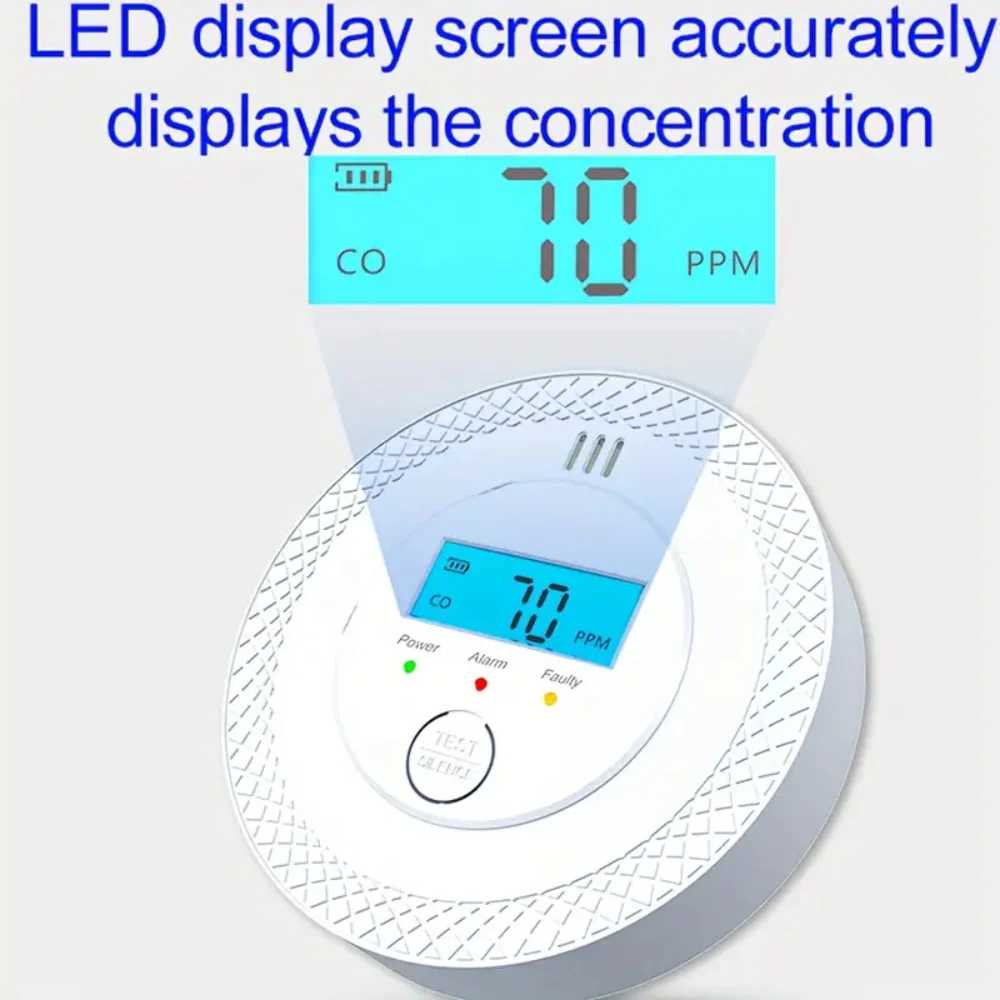 Detector de Monóxido de Carbono, Sensor de Alarma de CO, Monitor de Humo para Interiores del Hogar, Alta Sensibilidad, Pantalla LCD, Funciona con Batería