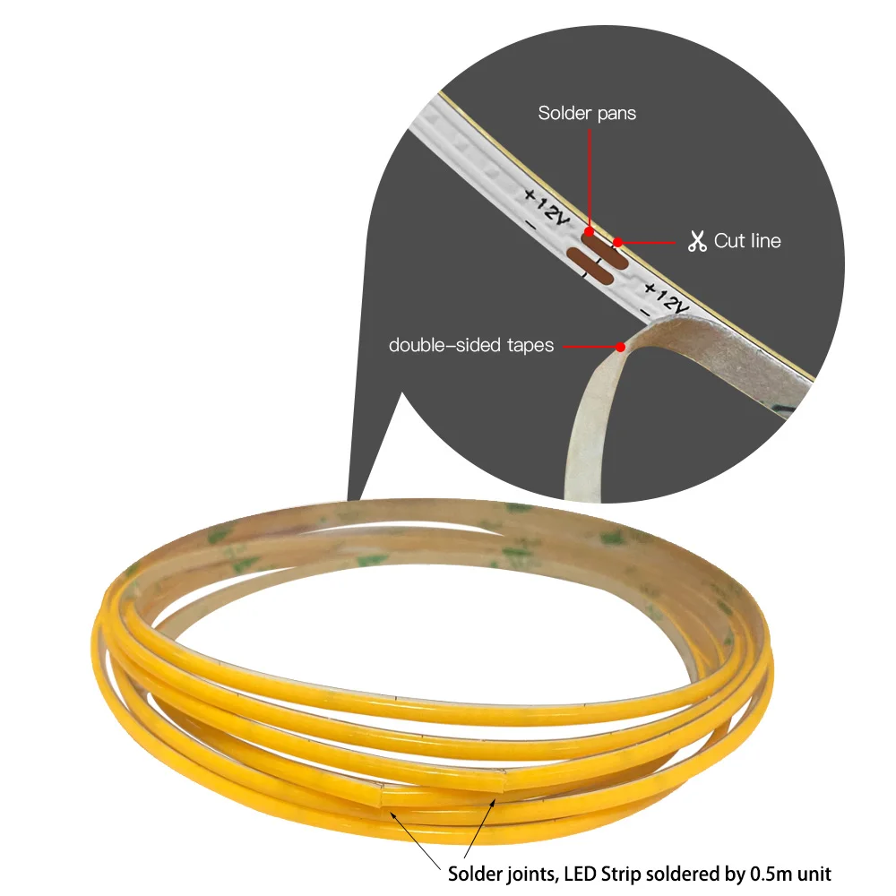 5V 3 ミリメートル超薄型 COB LED ストリップライトおもちゃ DIY 装飾 USB バッテリー駆動 480LED/m クールホワイト柔軟なテープライト赤