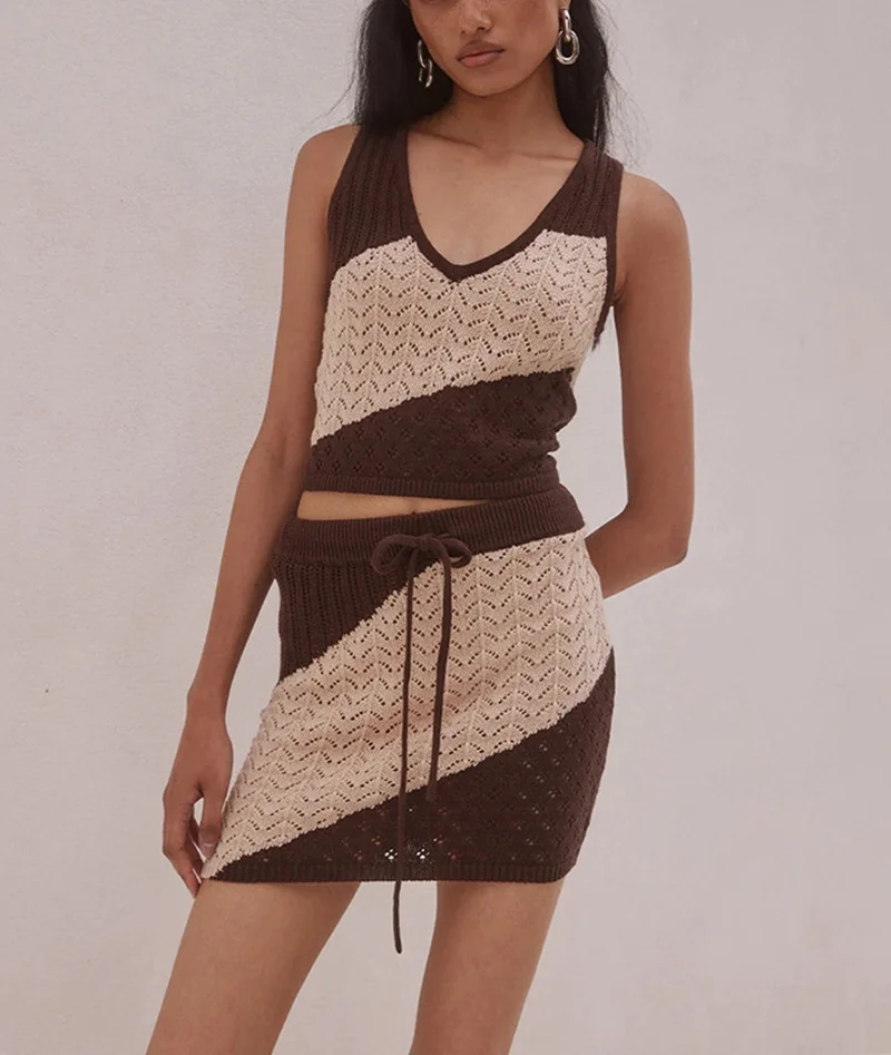 2 PCS Set Women's Sexy Sleeveless Hollow Beach Knitted Dress Crochet Swimsuit Bikini Crop Top And Skirt Wrap Swimwear Cover-ups