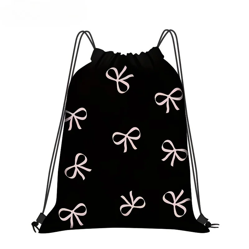 1Pcs Black Drawstring Backpack with Pink Ribbon Knot Print, Lightweight Cinch Sack for School Sports Travel Gym Storage