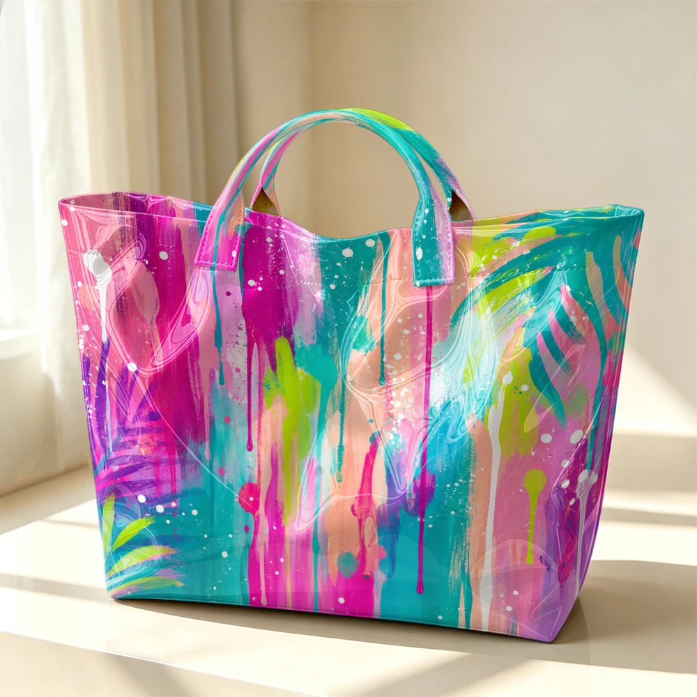 1pc Ladies Tote Bag Handbag, Colorful Splash Tropical Palm Leaf Print Gift Bag, Large Capacity Handbag For Beach, Vacation, Shopping, Daily Outing, Women Bohemian Style Gift
