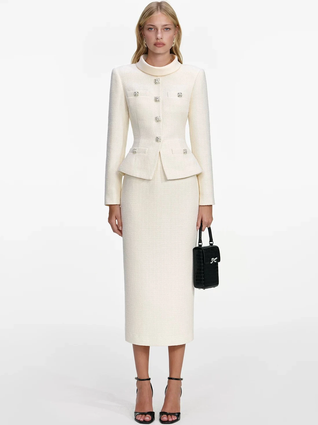 

Elegant White Tweed Midi Dress Women's Long Sleeve Stand Collar Rhinestone Button Peplum Dress