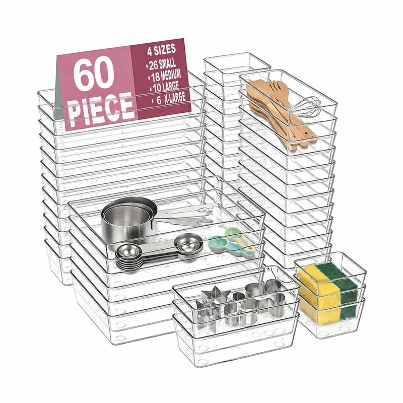 13/25/44/60 Pcs Clear Drawer Organizer Set With Mixed Sizes For Free Combination, Non‑slip Silicone Pads Inside, Versatile Divider Trays For Kitchen Cutlery Sorting, Vanity Cosmetic Arrangement And Desktop Office Small Item Storage
