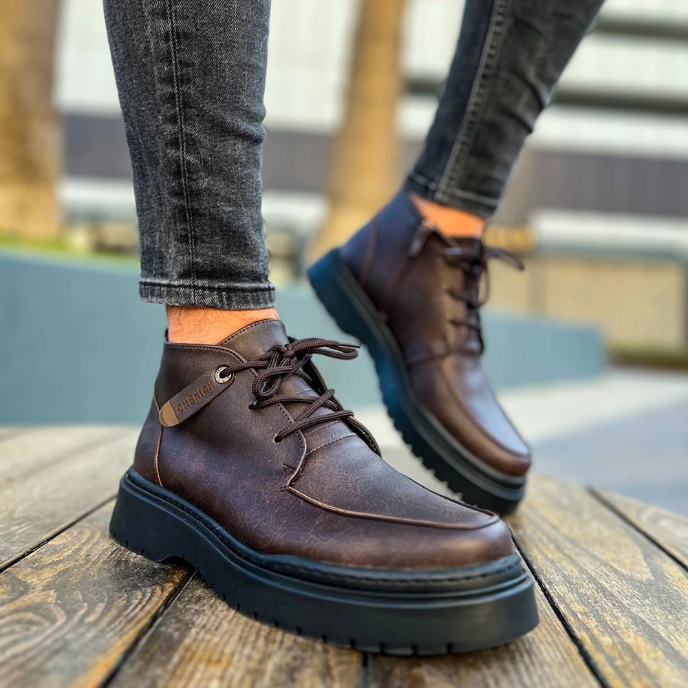 FOH Store Men Boots Shoes BROWN Artificial Leather Lace Up Sneakers 2023 Comfortable Flexible Fashion Wedding Orthopedic Walking Sport Lightweight Odorless Running Breathable Hot Sale Air New Brand Boots 213