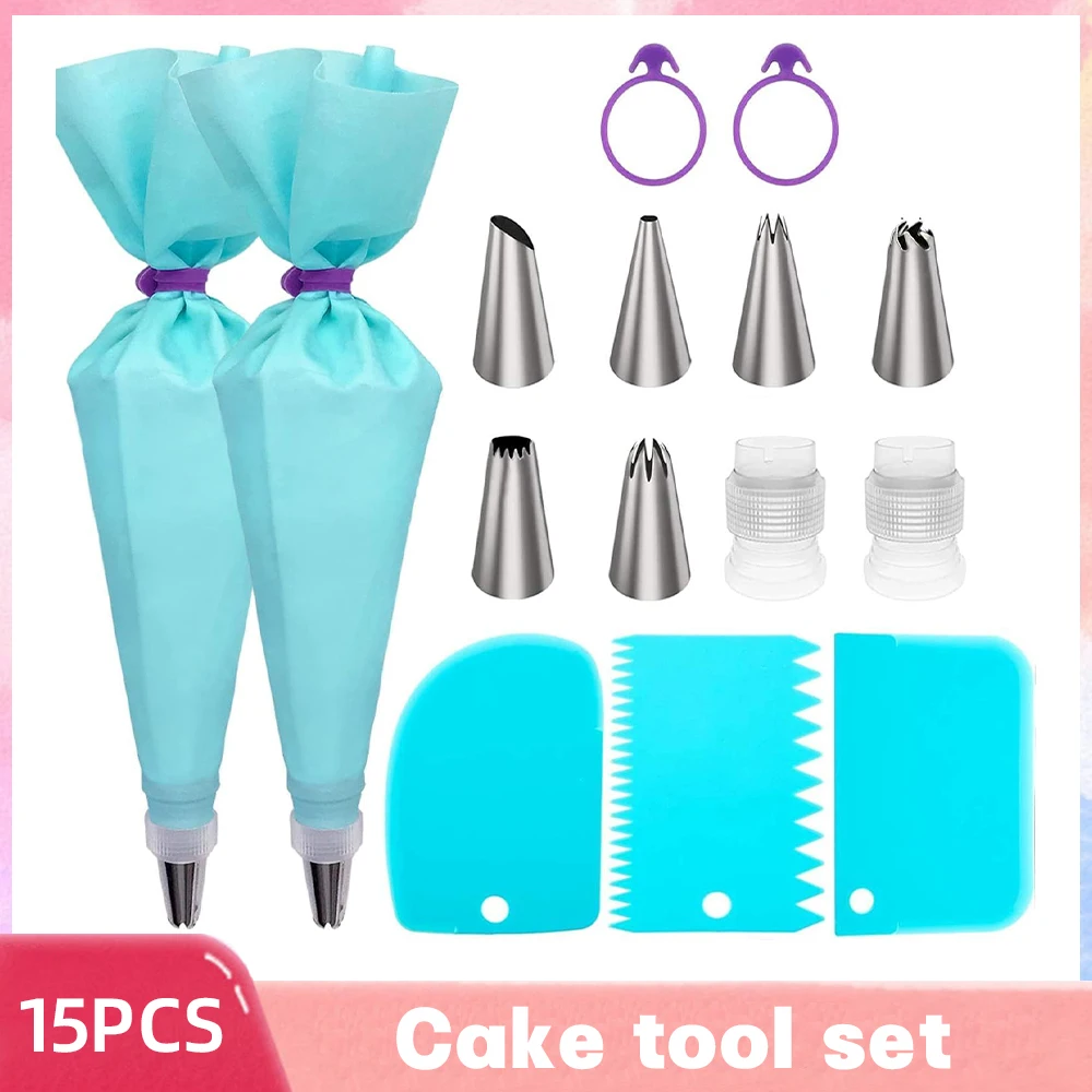 15PCS Silicone Decorating Bag Stainless Steel Decorating Tip Set Cake Decorating Nozzle Kitchen DIY Cake Baking Tools