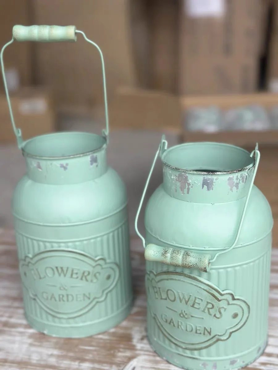 Vintage French Country Milk Can Vase Set of 2, Mint Green Rustic Metal Flower Bucket Planter, Shabby Chic Farmhouse Decor