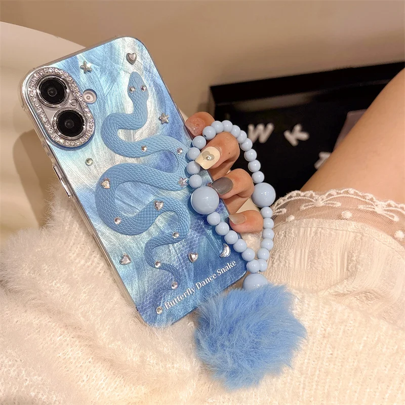 

Deluxe Gem Flash Diamond Blue Snake phone Case for iPhone 16Pro 15 Pro Max 14 13pro with Bead Bead protective cover For Apple 15