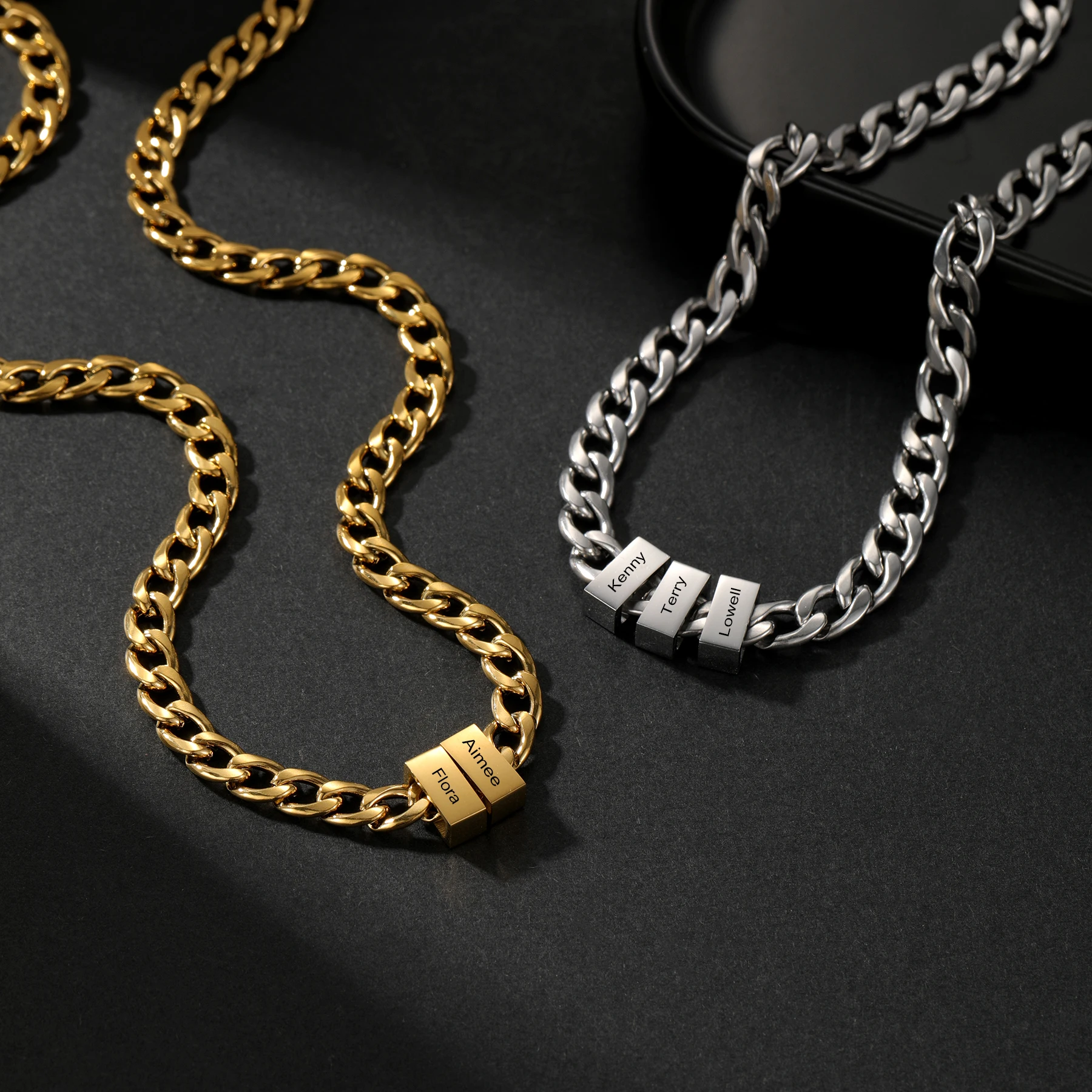 

Custom Men Necklace With Faimily Name, Name Bead Chain Necklace from Daughter Dad Gift Peronslized Gift Father's Day Gift