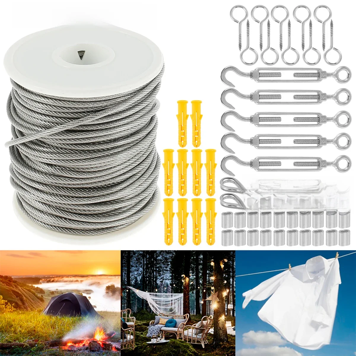 15/30M Roestvrij Stalen Kabel Touw Pvc Gecoat Tuin Kabel Vangrail Touwen Multifunctionele Reling Draad Hek Roll sets Met Schroef - afbeelding 2