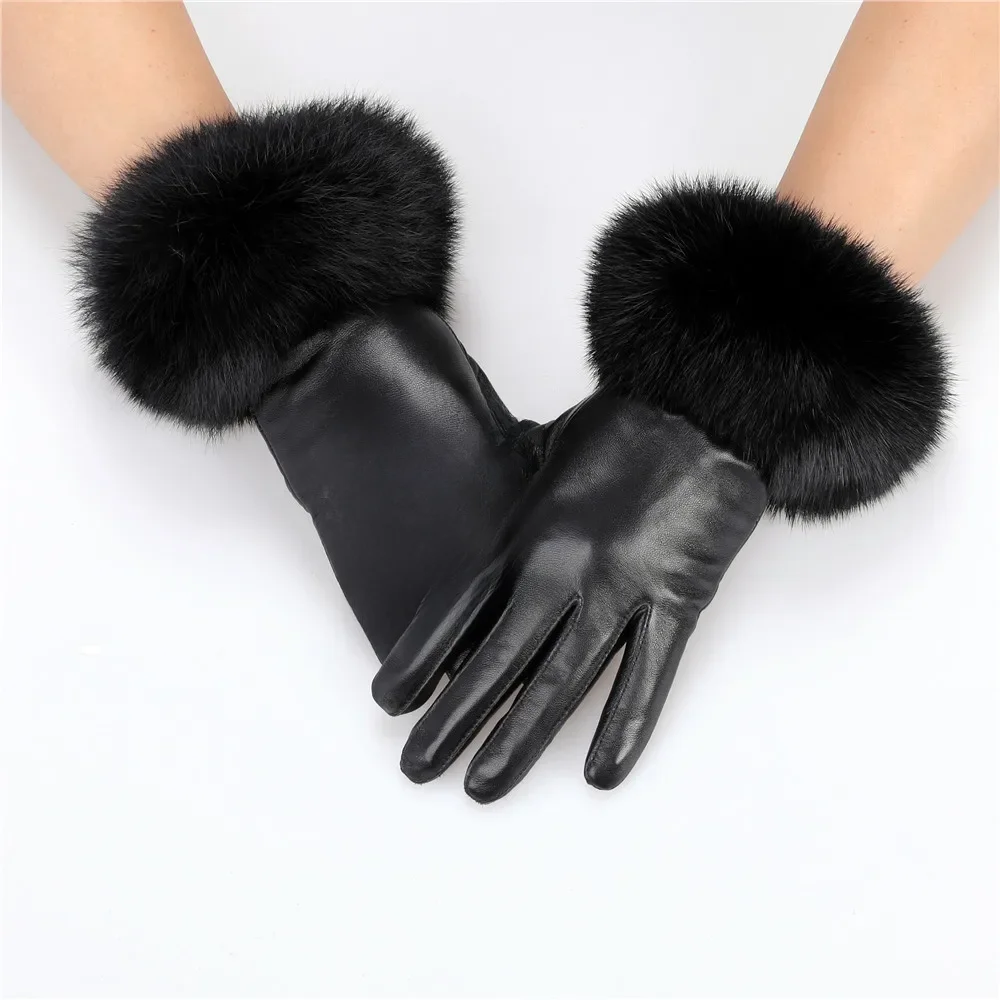 AliExpress SUPPEV&STTDIO New Arrival Wholesale Women's Real Sheepskin Leather Gloves With Rabbit Fur Cuffs Female Cycling