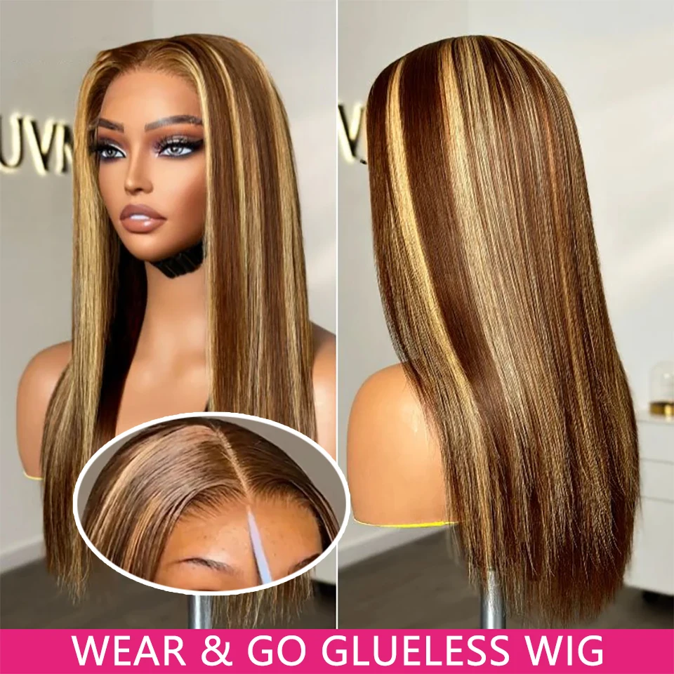 

Ombre Highlight Glueless Wig Human Hair Ready To Wear And Go Preplucked Straight 4x4 HD Lace 4/27 Closure Colored Human Hair Wig