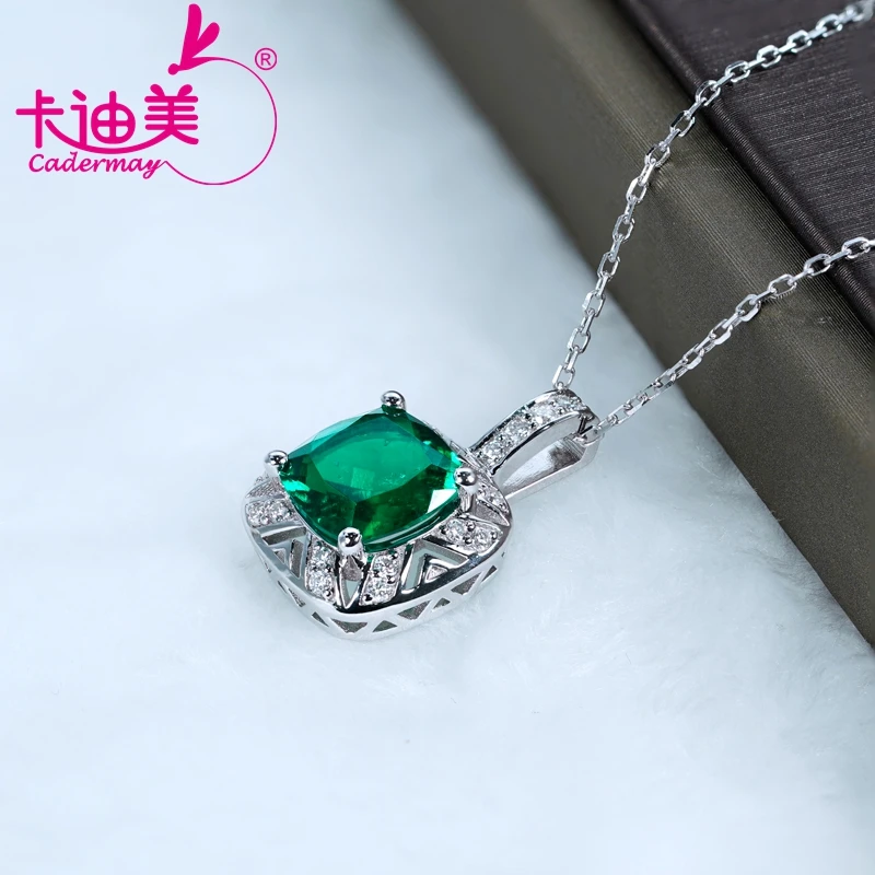 CADERMAY Jewelry S925 Silver Lab Grown Cushion Shape Emerald With moissanite Stone Pendants Necklace Anniversary Gifts For Women