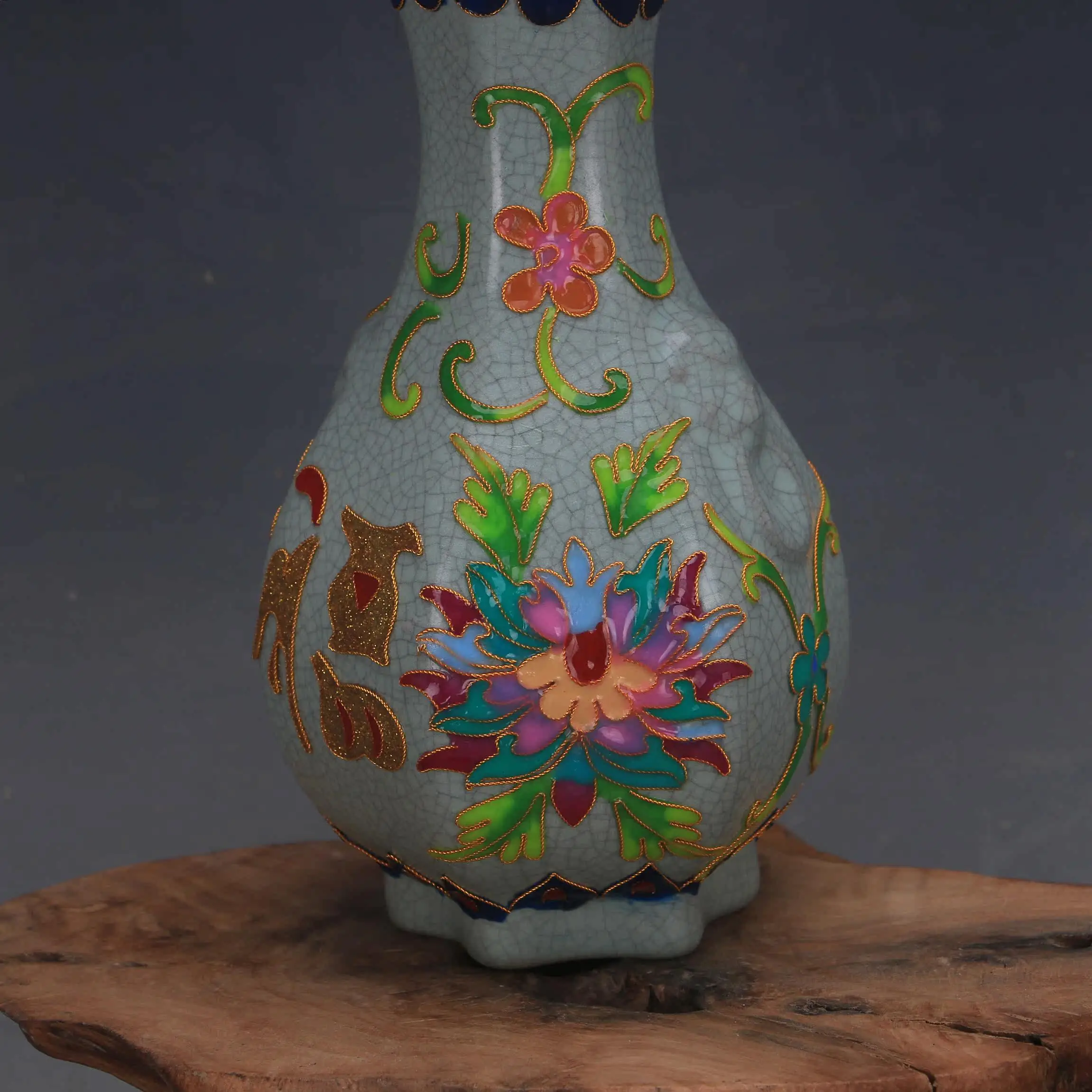 Ru Ware Chongning Year Hexagonal Vase Cloisonne Enamel Antique Porcelain Retro Home Decor Collectible Handmade