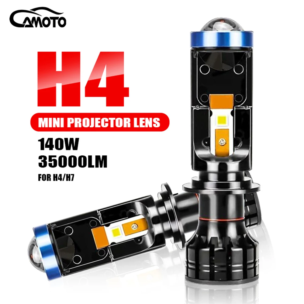 

CAMOTO H4 LED Mini Projector Lens Car Headlight Bulbs 140W 35000LM 6500K White Led Lights for Car H4 H7 Plug and Play Headlamp